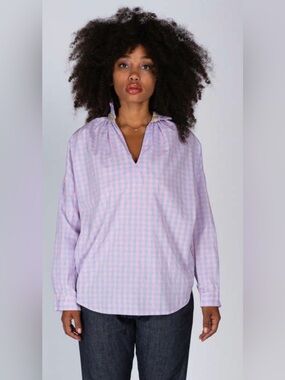 A Shirt Thing Penelope Pink Check Shirt Size Large Ruffle Neck Blouse
